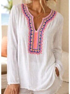 Lilly Pulitzer Women's Sz Small White Long Sleeve Embroidered Tunic Top